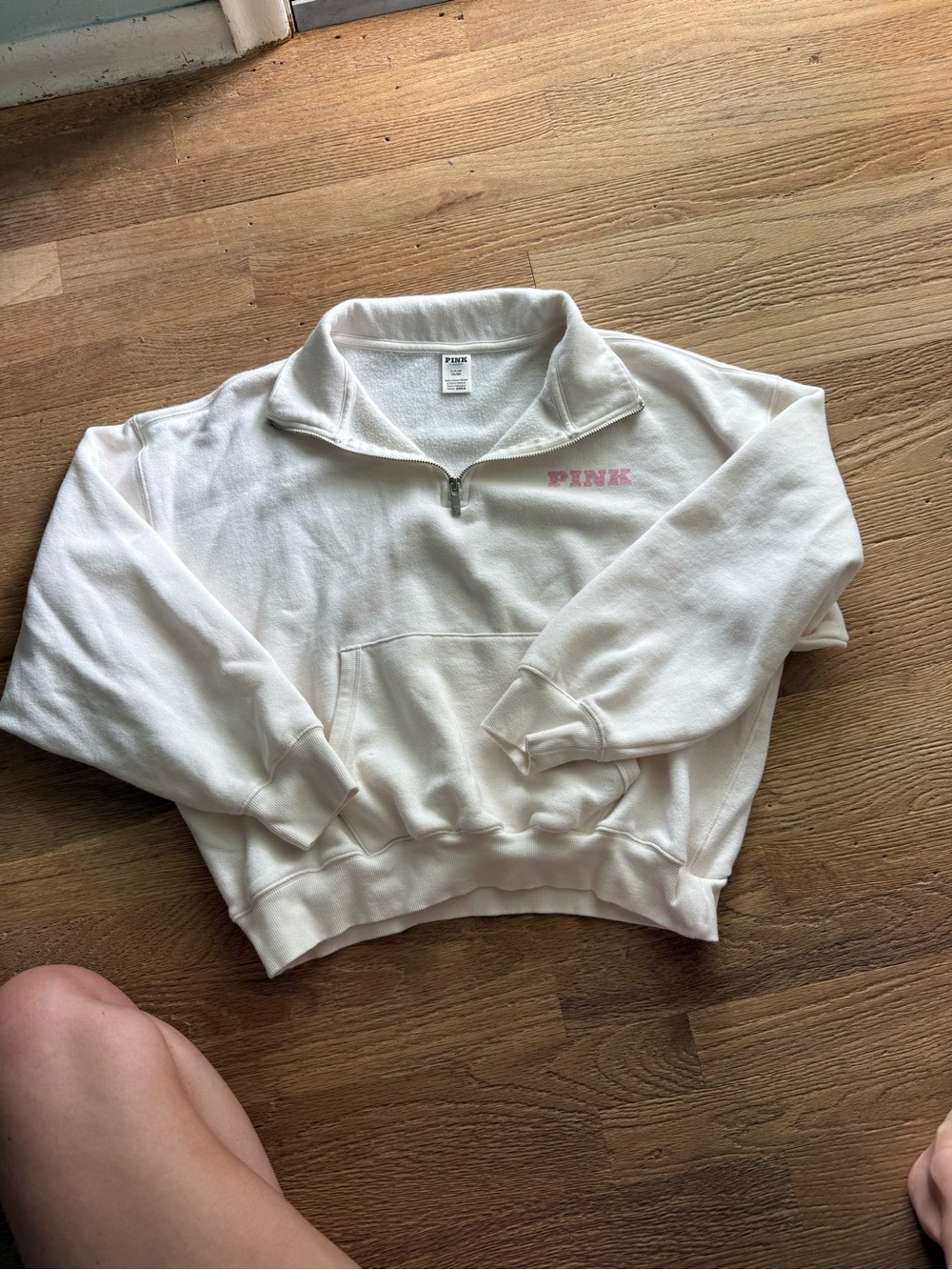 PINK Victoria's Secret White Quarter-Zip Pullover with Pink Logo